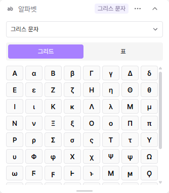 여러 문자 체계의 글자와 발음을 보여주는 알파벳 위젯